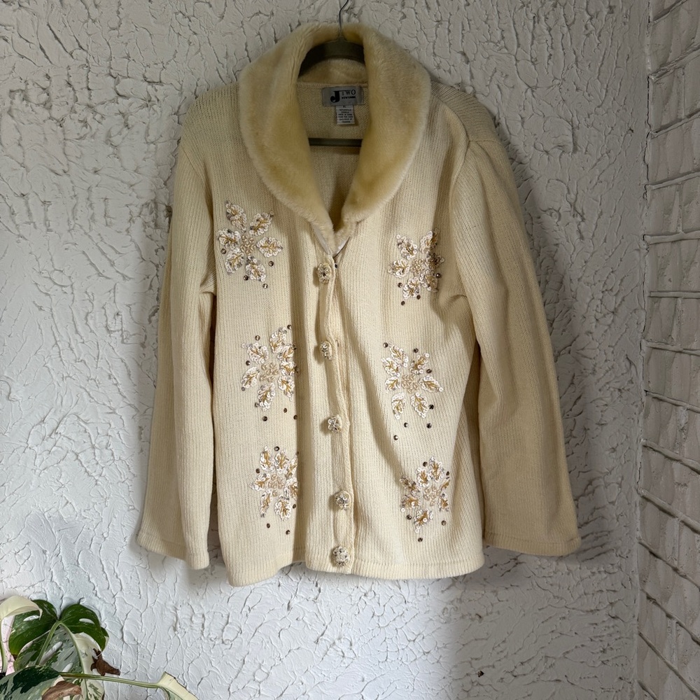 Ivory Cardigan with Faux Fur Collar and Embellishments